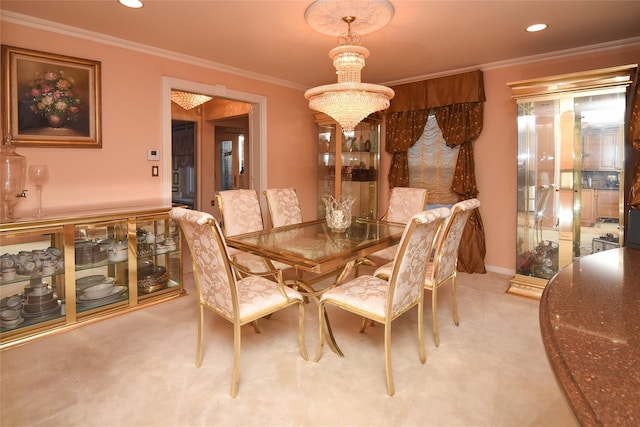 dining space with ornamental molding, light colored carpet, recessed lighting, and a chandelier