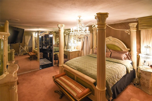 bedroom featuring a textured ceiling, ornamental molding, ornate columns, and carpet floors