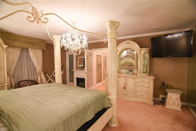 carpeted bedroom featuring a notable chandelier, crown molding, and decorative columns