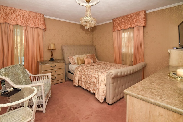 carpeted bedroom featuring wallpapered walls, an inviting chandelier, and ornamental molding