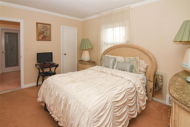 bedroom featuring light colored carpet, baseboards, and ornamental molding