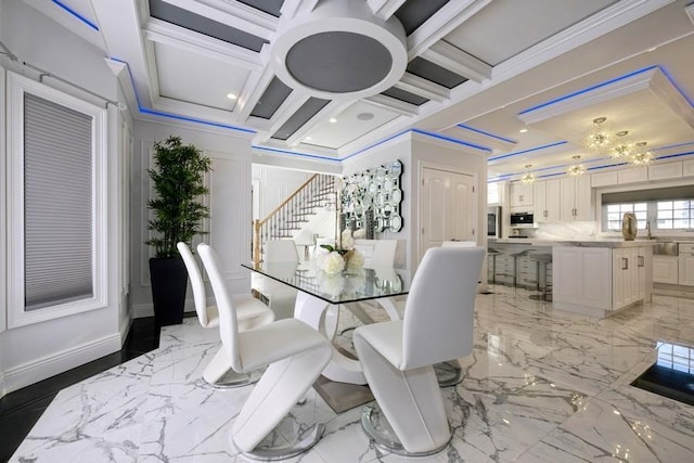 dining space featuring marble finish floor, recessed lighting, ornamental molding, coffered ceiling, and stairs