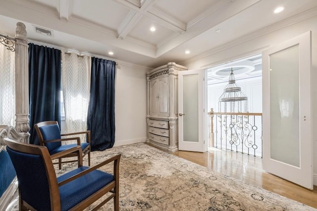 living area featuring recessed lighting, coffered ceiling, visible vents, beam ceiling, and crown molding