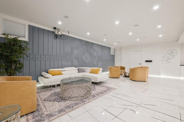 living room featuring marble finish floor, ornamental molding, and recessed lighting