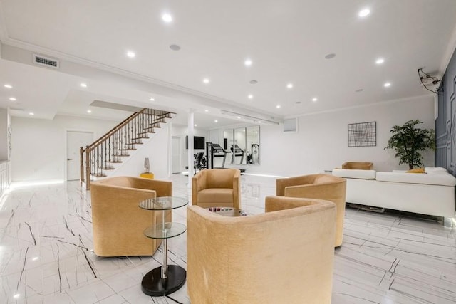 living room featuring ornamental molding, stairway, visible vents, and recessed lighting