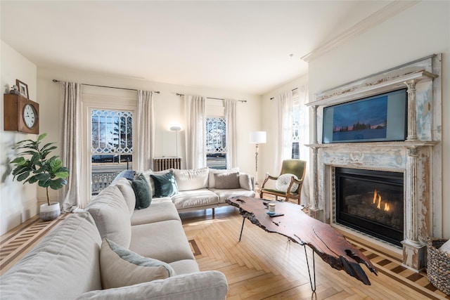 living area featuring a fireplace