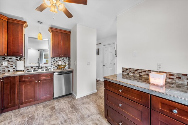 kitchen with backsplash, dishwasher, ceiling fan, and a sink