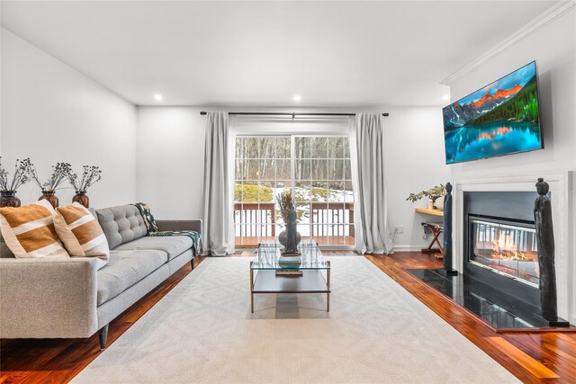 living area with a glass covered fireplace, baseboards, wood finished floors, and recessed lighting