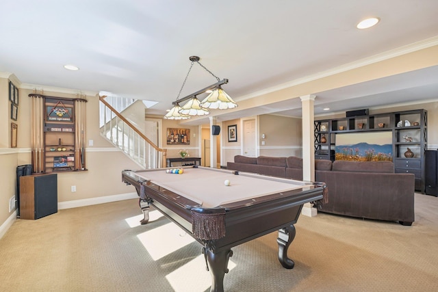 rec room featuring carpet, ornamental molding, baseboards, and recessed lighting