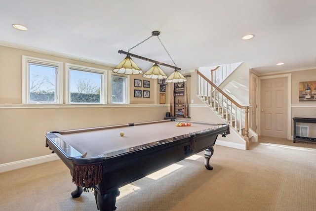 game room featuring recessed lighting, light colored carpet, crown molding, and baseboards