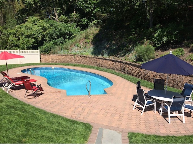 view of pool with a patio, fence, and a fenced in pool