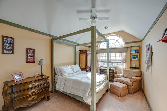 bedroom with light carpet, ceiling fan, lofted ceiling, and visible vents