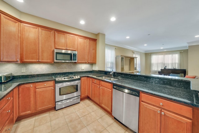 kitchen featuring stainless steel appliances, a sink, open floor plan, tasteful backsplash, and dark stone countertops