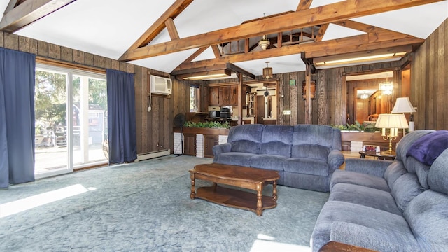 155 Shepard Dr, Southold, NY 11971 - carpeted living room featuring lofted ceiling with beams, an AC wall unit, wood walls, and a baseboard radiator