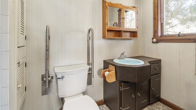155 Shepard Dr, Southold, NY 11971 - half bath with toilet, wallpapered walls, a closet, and vanity