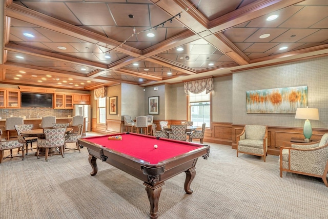 playroom featuring crown molding, a wainscoted wall, light colored carpet, coffered ceiling, and billiards