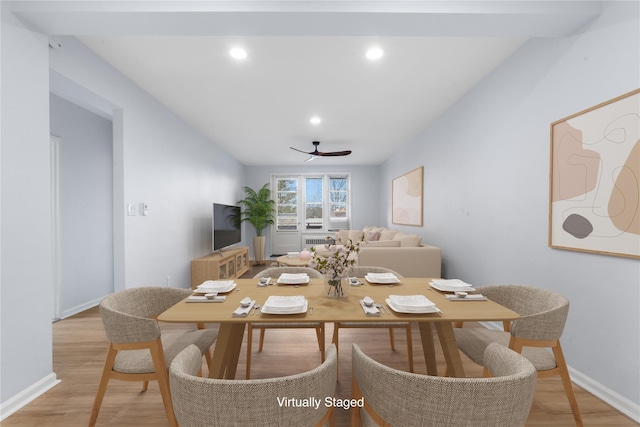 dining area featuring a ceiling fan, light wood-type flooring, baseboards, and recessed lighting