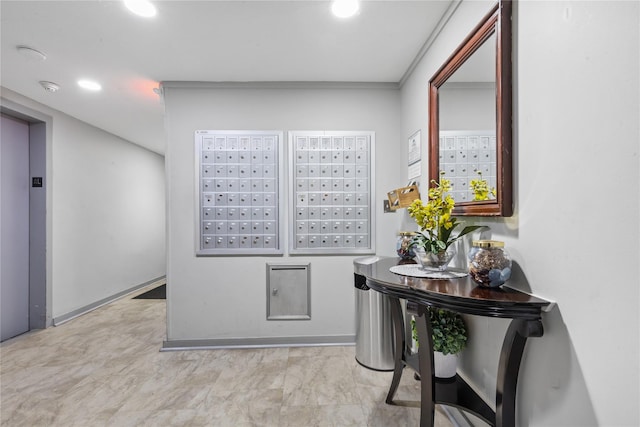 corridor with recessed lighting, elevator, and mail area