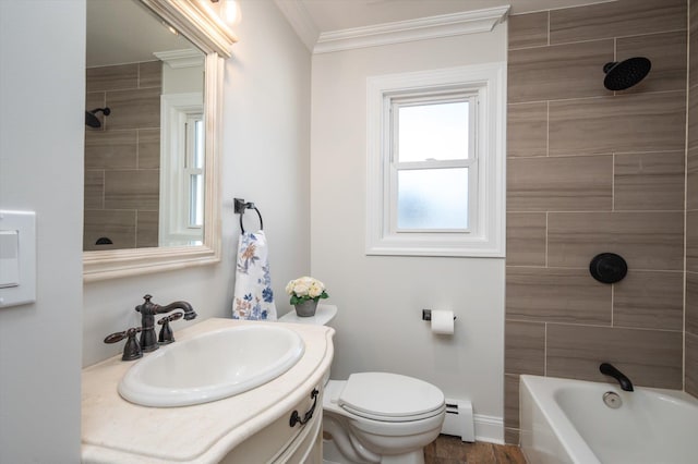 full bath featuring toilet, baseboard heating, ornamental molding, vanity, and  shower combination