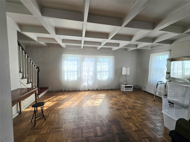 interior space featuring a baseboard radiator, stairway, coffered ceiling, and beam ceiling