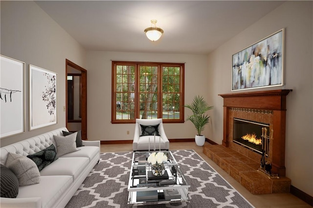 living area with baseboards and a tile fireplace