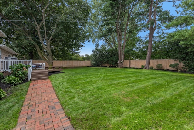 view of yard with a fenced backyard and a wooden deck