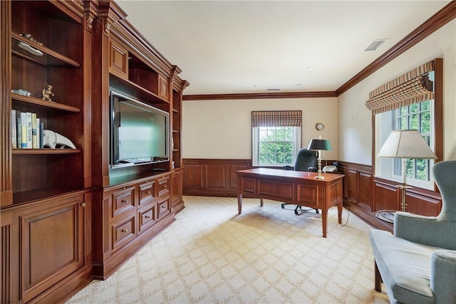 office space featuring light carpet, wainscoting, and crown molding