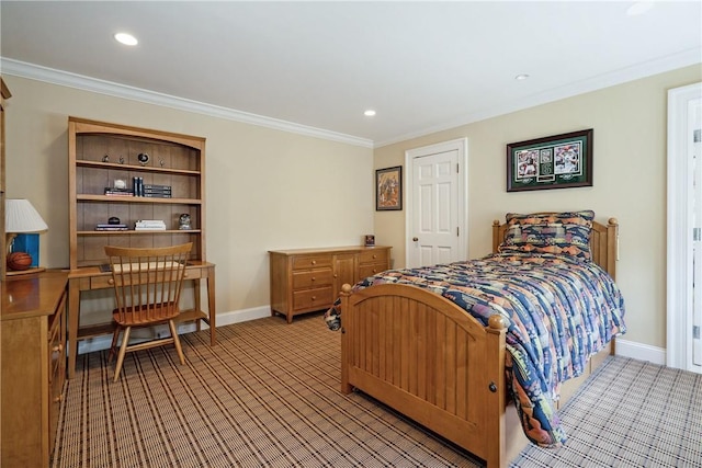 bedroom featuring baseboards, ornamental molding, recessed lighting, and light colored carpet