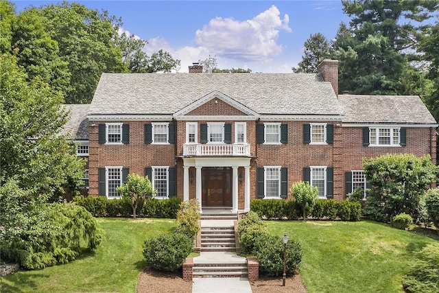 colonial-style house featuring a front yard, a chimney, and brick siding