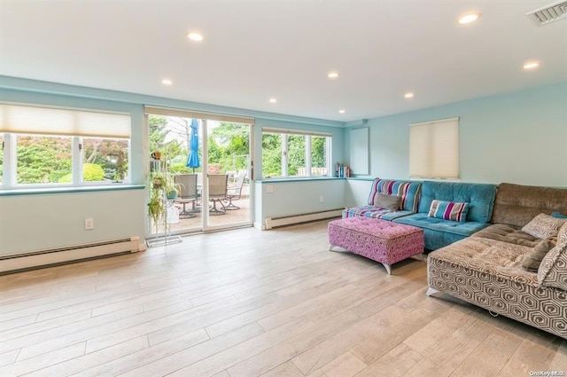 living room with recessed lighting, a baseboard heating unit, wood finished floors, visible vents, and baseboard heating