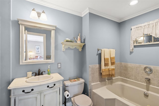 full bath featuring toilet, vanity, a bath, and crown molding