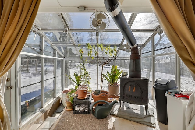 sunroom / solarium with a wood stove