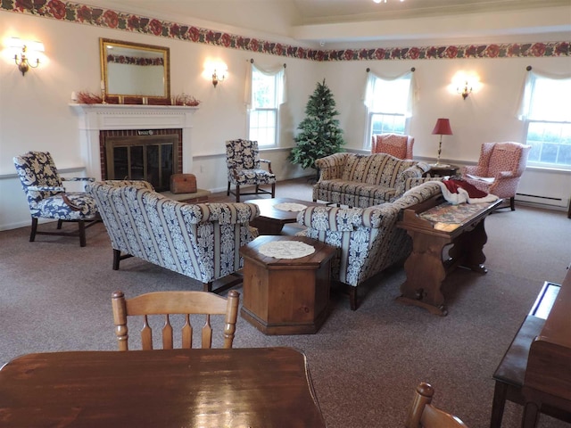 living room with carpet, a fireplace, and a healthy amount of sunlight