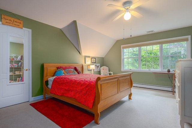 bedroom featuring light carpet, visible vents, a ceiling fan, vaulted ceiling, and baseboard heating