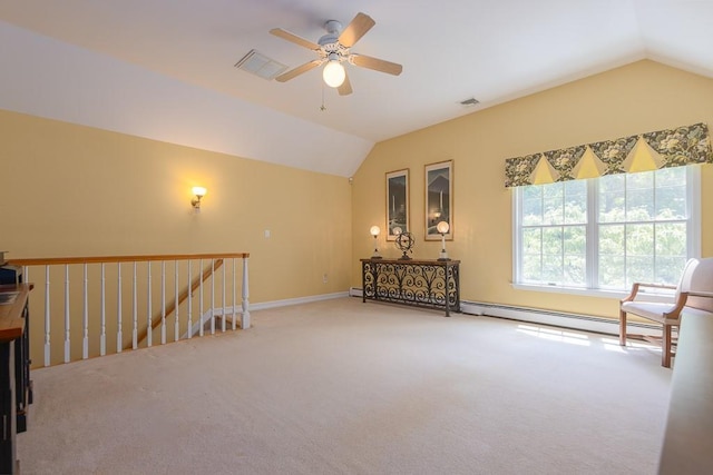 living area featuring lofted ceiling, a baseboard heating unit, an upstairs landing, a ceiling fan, and carpet