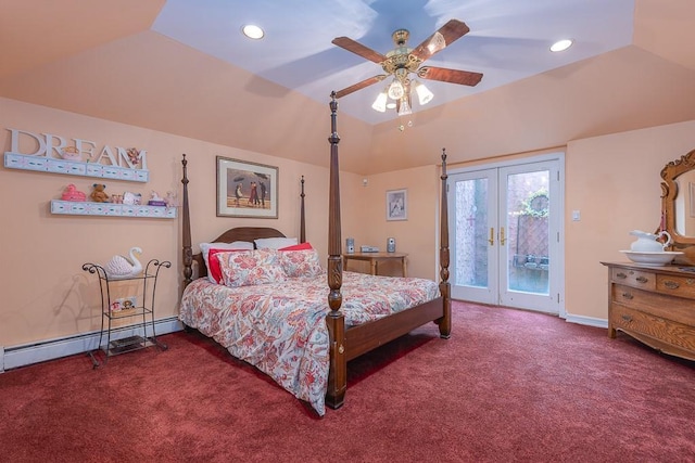 bedroom with lofted ceiling, carpet floors, french doors, and access to exterior