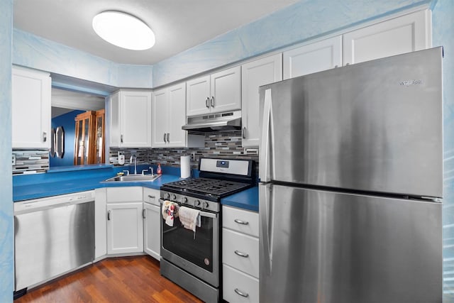 kitchen with under cabinet range hood, white cabinets, appliances with stainless steel finishes, and a sink