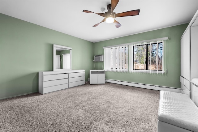 unfurnished bedroom with an AC wall unit, carpet flooring, baseboard heating, and ceiling fan