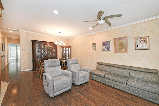 living area featuring baseboards, ornamental molding, wood finished floors, ceiling fan with notable chandelier, and recessed lighting