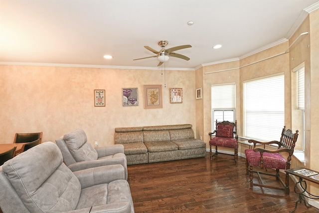 living room featuring ceiling fan, ornamental molding, dark wood-style flooring, and recessed lighting