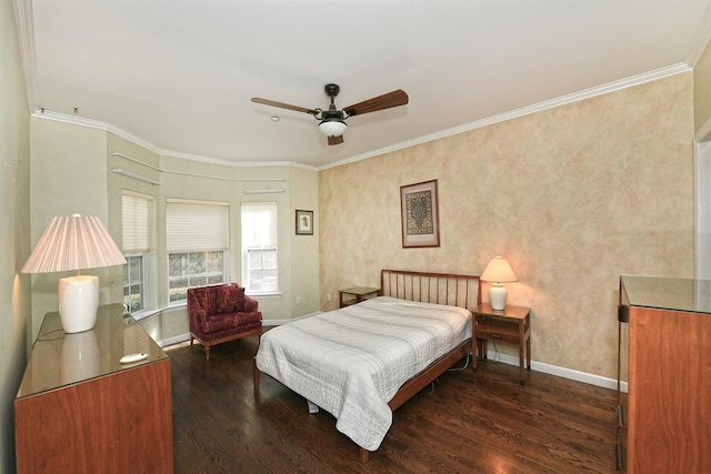 bedroom with a ceiling fan, crown molding, baseboards, and dark wood-style flooring