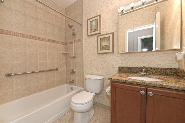 bathroom featuring toilet, vanity, shower / tub combination, tile patterned flooring, and wallpapered walls