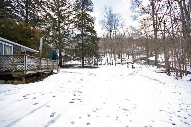 snowy yard with a wooden deck