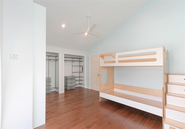 walk in closet with a ceiling fan, lofted ceiling, and wood finished floors