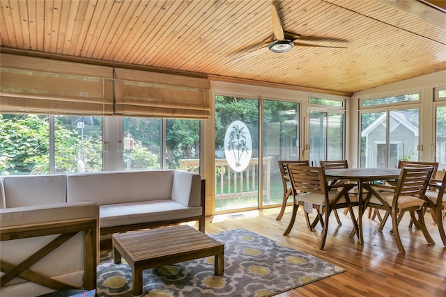 sunroom / solarium with wood ceiling, ceiling fan, and a wealth of natural light