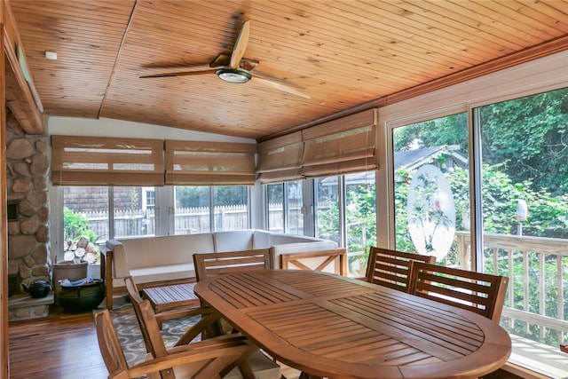 sunroom / solarium with ceiling fan, wood ceiling, and vaulted ceiling