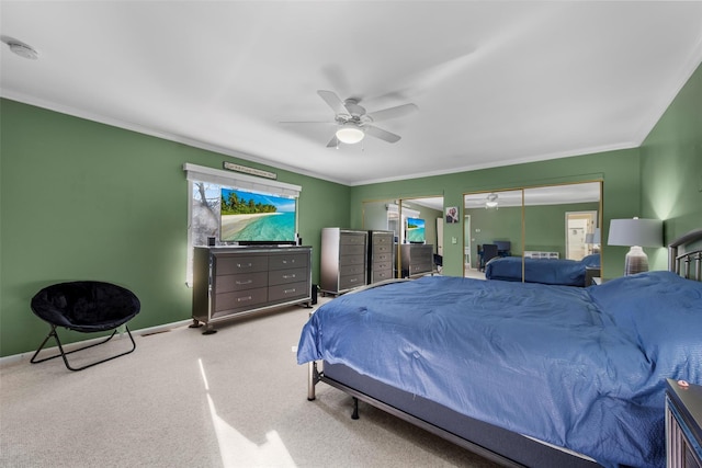 bedroom with ceiling fan, baseboards, crown molding, and light colored carpet