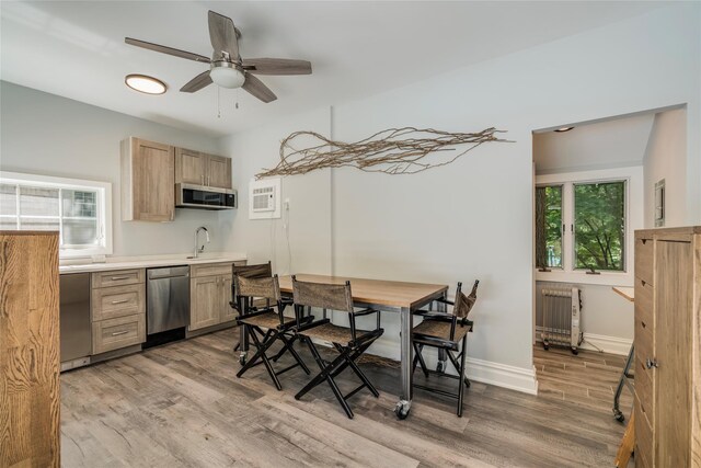 kitchen with light brown cabinets, stainless steel appliances, wood finished floors, light countertops, and radiator heating unit