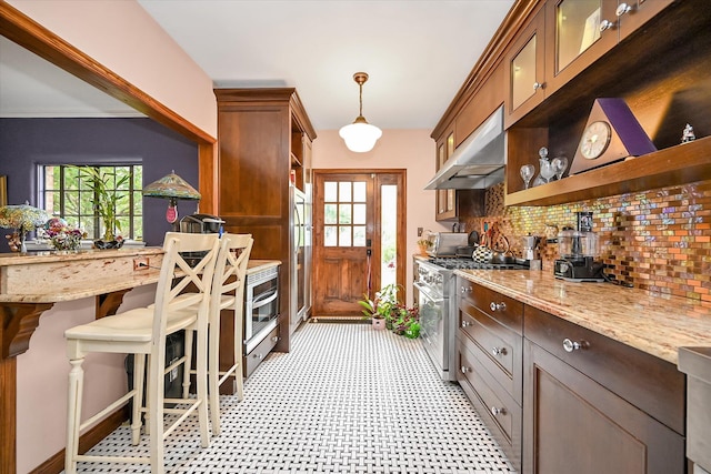 33-64 190th St, Flushing, NY 11358 - kitchen featuring open shelves, high end stove, decorative backsplash, under cabinet range hood, and light stone counters