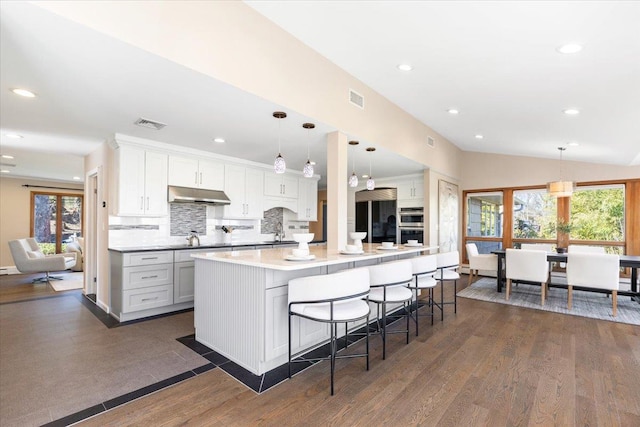 kitchen with under cabinet range hood, lofted ceiling, dark wood-style floors, black appliances, and a sink